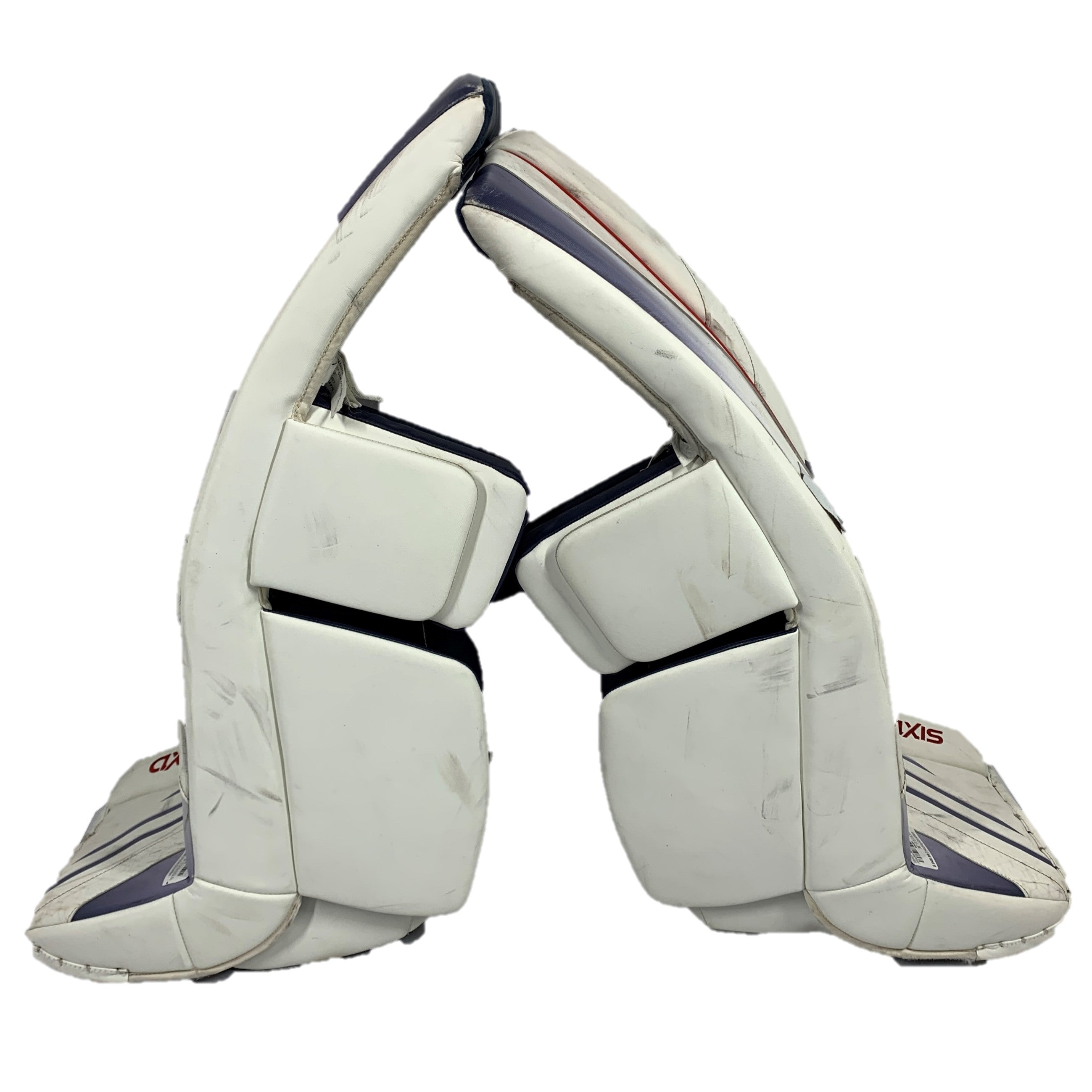 CCM AXIS - Jambières de gardien de but Pro Stock d'occasion (blanc/bleu/rouge)